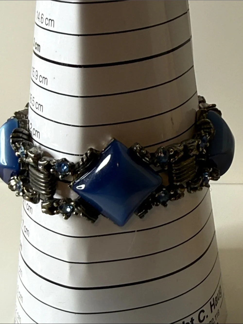 Blue diamond shape moonglow rhinestone chunky gunmetal Vintage Bracelet art deco